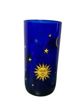 Libbey Celestial Cobalt Blue Sun Moon and Stars Tumbler Glass 16 oz